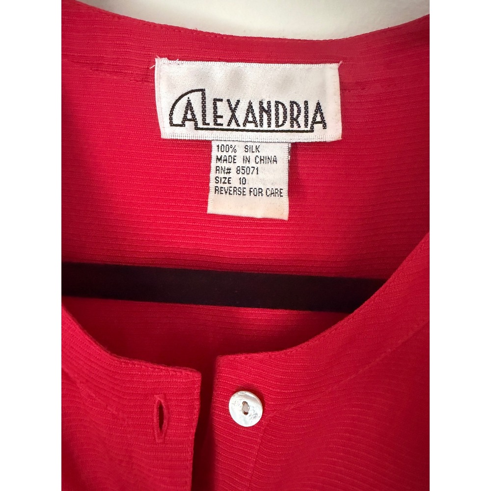 Vintage Alexandria Red Silk Blouse Button Front Ribbed Texture Top Size 10 - Picture 2 of 9